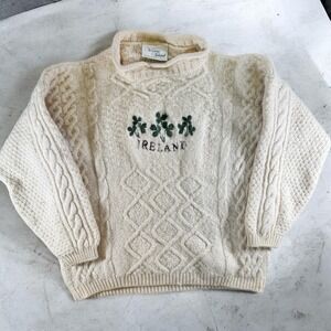 Western Island Ireland Pure Wool Cable Knit Sweater Shamrock Cream Sz M / L